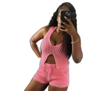 2pc Set Kitted cropped top and matching high-rise shorts also in Pnk/Blk/GRN